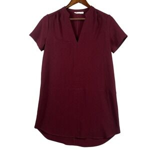Lush Dress S Wine Red V Neck Short Sleeve Tunic Shift Pockets Casual Minimalist